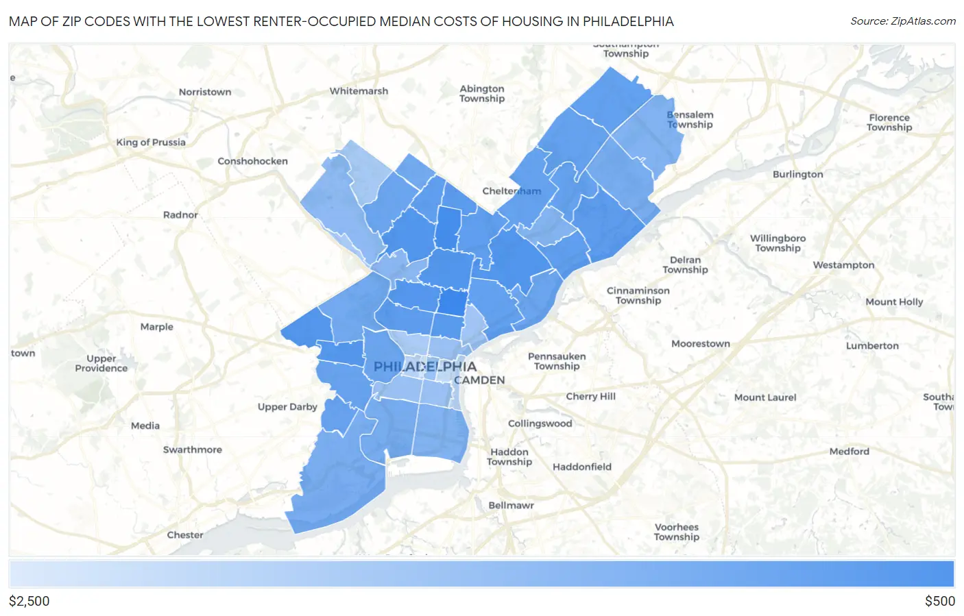 Zip Codes with the Lowest Renter-Occupied Median Costs of Housing in Philadelphia Map