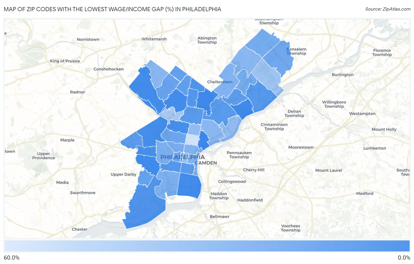Zip Codes with the Lowest Wage/Income Gap (%) in Philadelphia Map