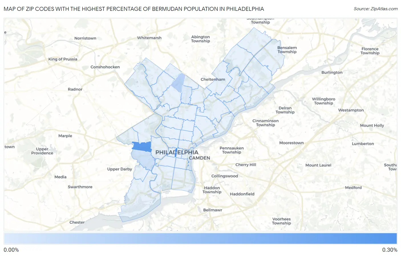 Zip Codes with the Highest Percentage of Bermudan Population in Philadelphia Map