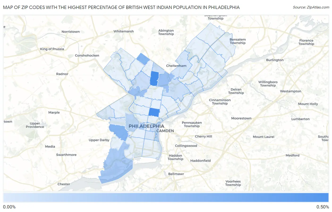 Zip Codes with the Highest Percentage of British West Indian Population in Philadelphia Map