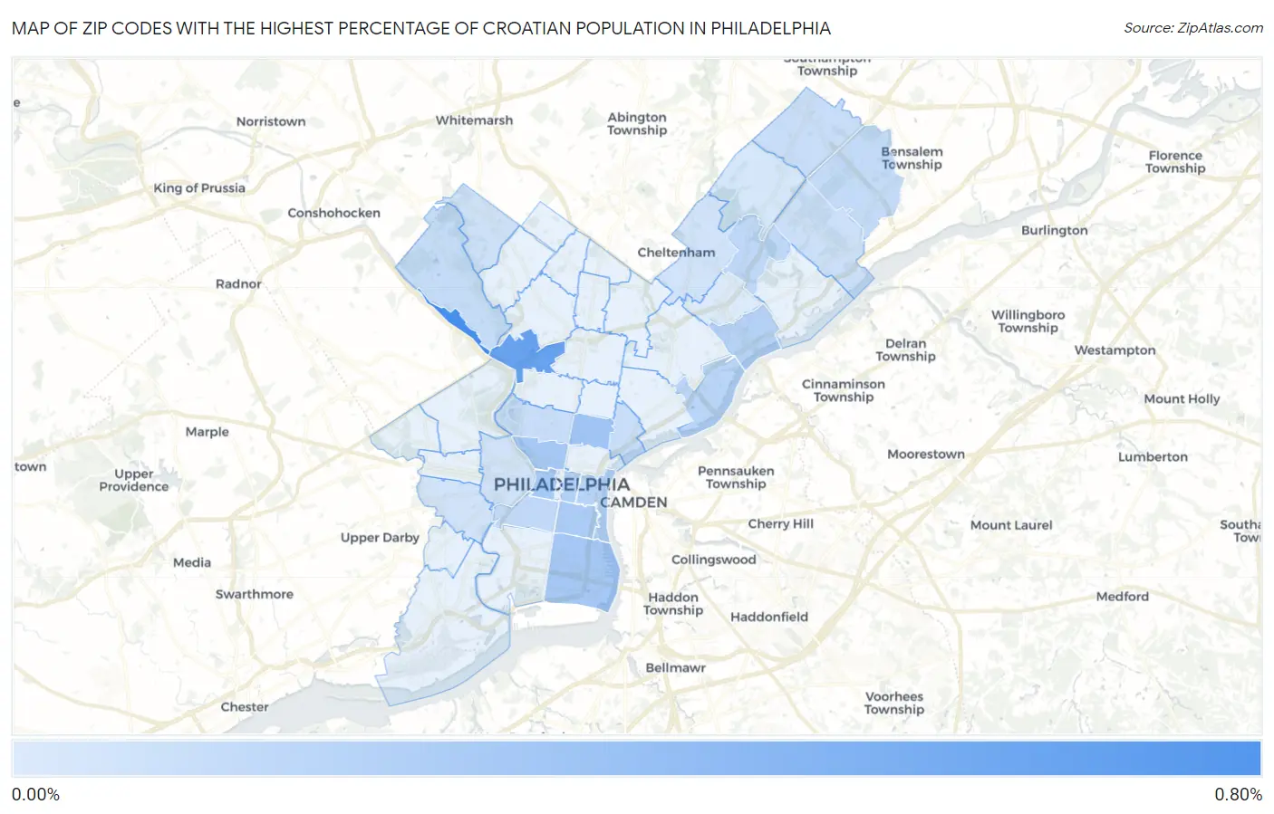 Zip Codes with the Highest Percentage of Croatian Population in Philadelphia Map