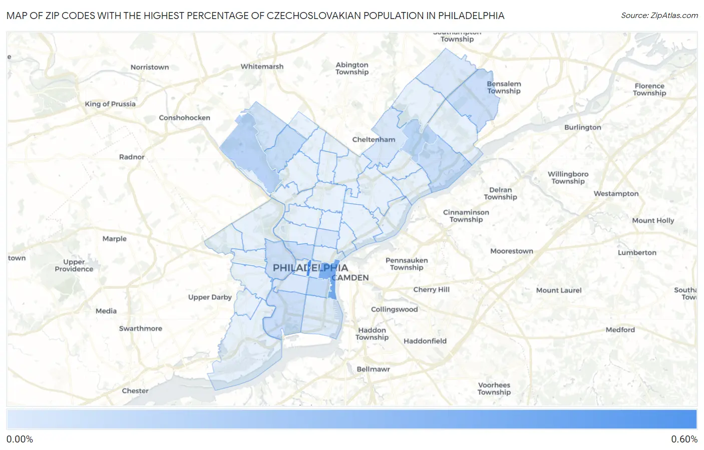 Zip Codes with the Highest Percentage of Czechoslovakian Population in Philadelphia Map