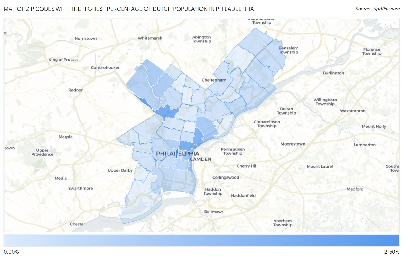 Zip Codes with the Highest Percentage of Dutch Population in Philadelphia Map