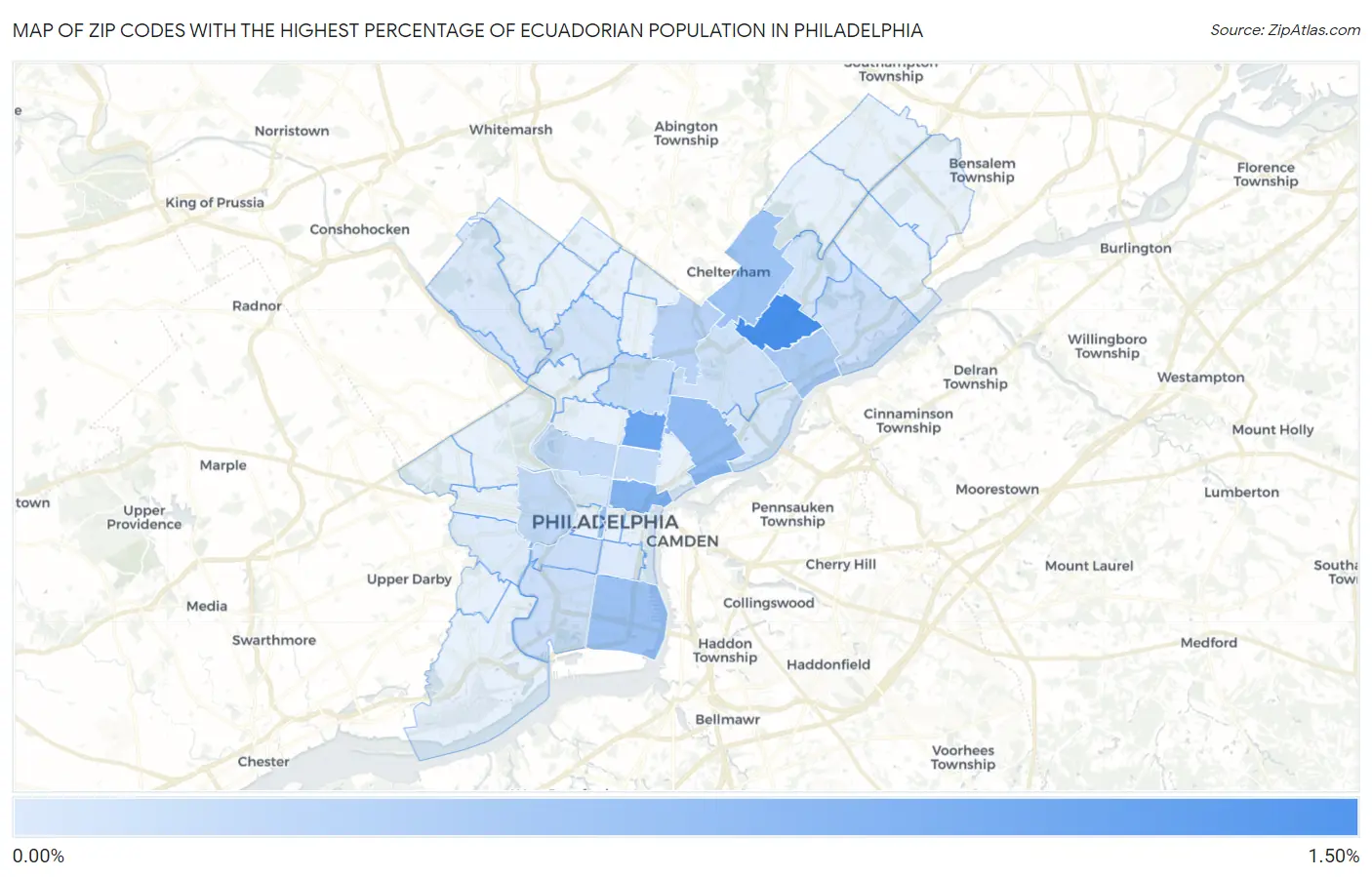 Zip Codes with the Highest Percentage of Ecuadorian Population in Philadelphia Map