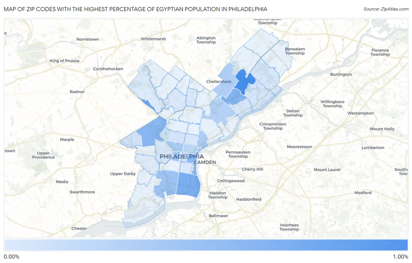 Zip Codes with the Highest Percentage of Egyptian Population in Philadelphia Map