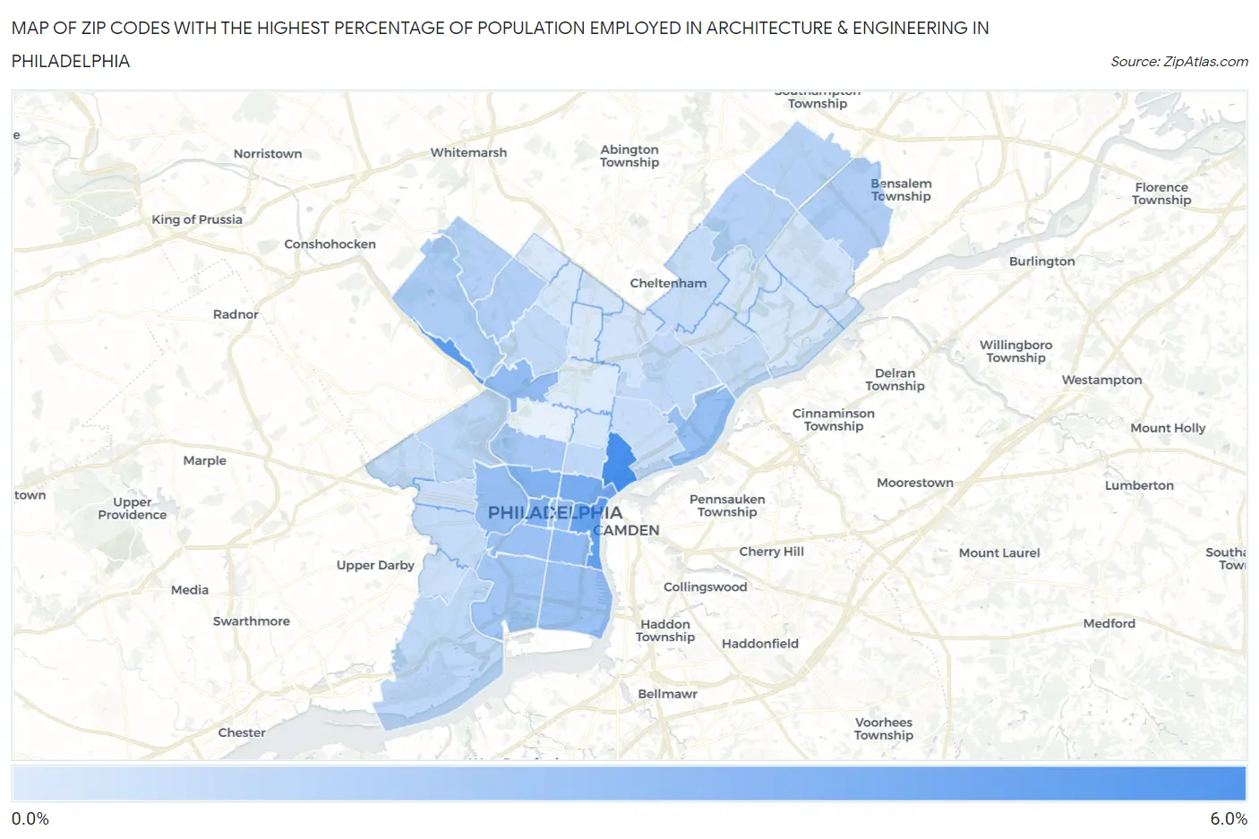 Zip Codes with the Highest Percentage of Population Employed in Architecture & Engineering in Philadelphia Map