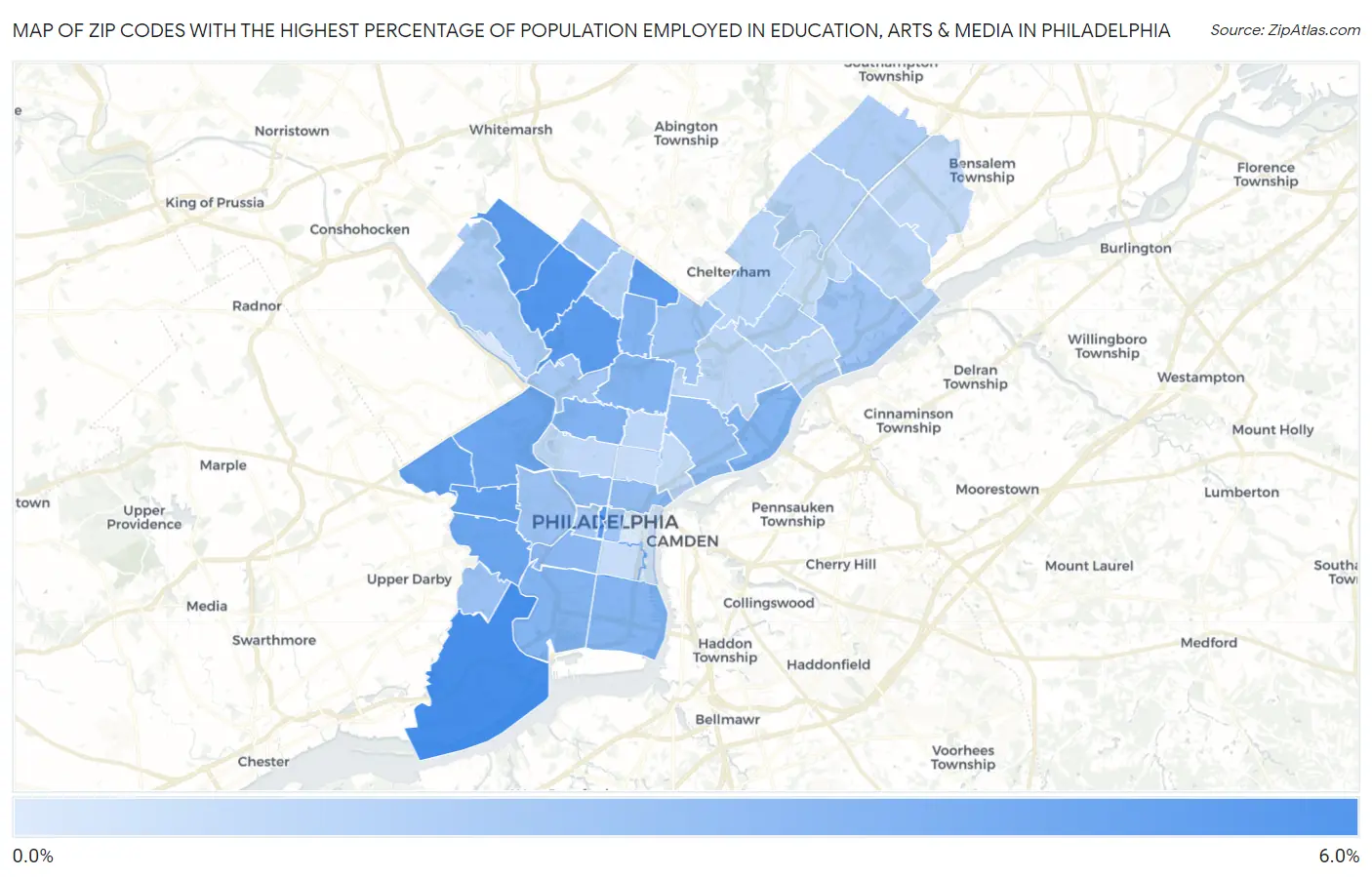 Zip Codes with the Highest Percentage of Population Employed in Education, Arts & Media in Philadelphia Map