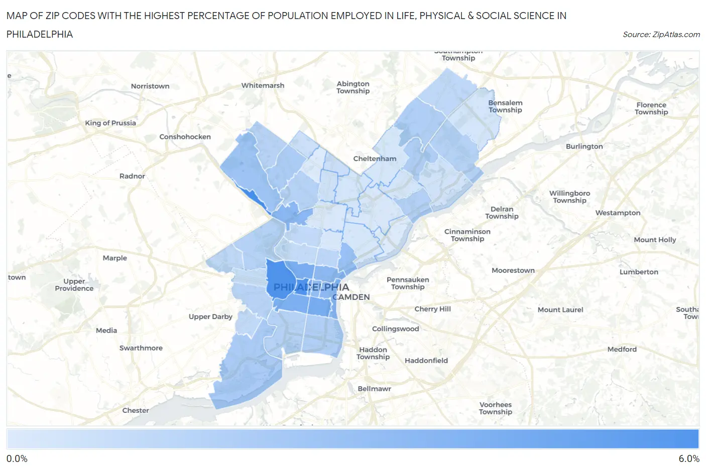 Zip Codes with the Highest Percentage of Population Employed in Life, Physical & Social Science in Philadelphia Map