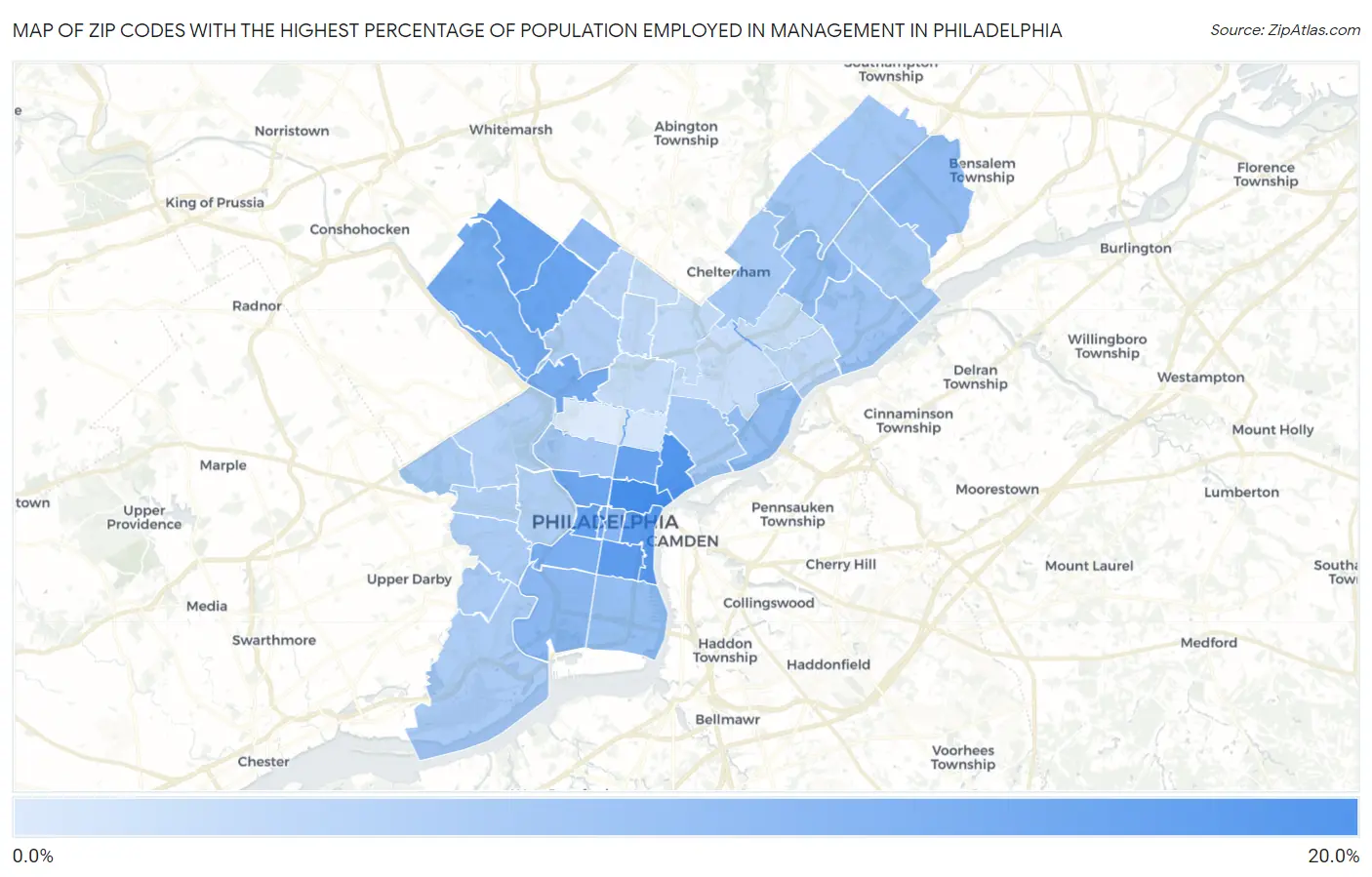 Zip Codes with the Highest Percentage of Population Employed in Management in Philadelphia Map