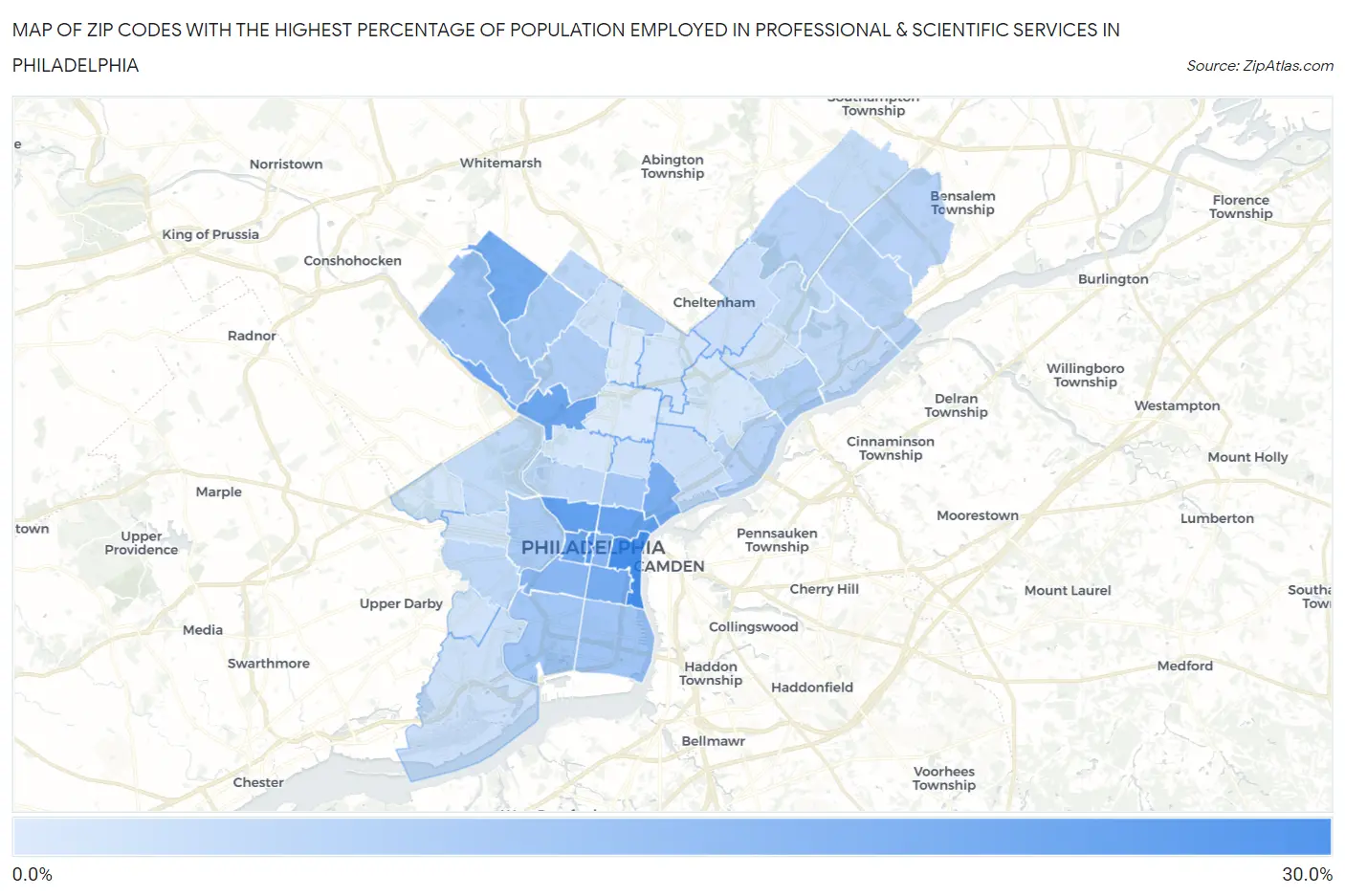 Zip Codes with the Highest Percentage of Population Employed in Professional & Scientific Services in Philadelphia Map
