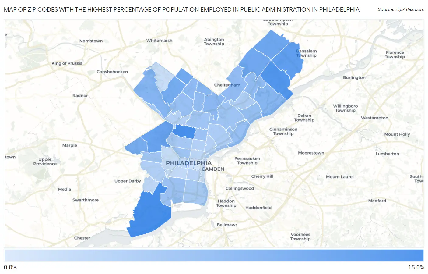 Zip Codes with the Highest Percentage of Population Employed in Public Administration in Philadelphia Map