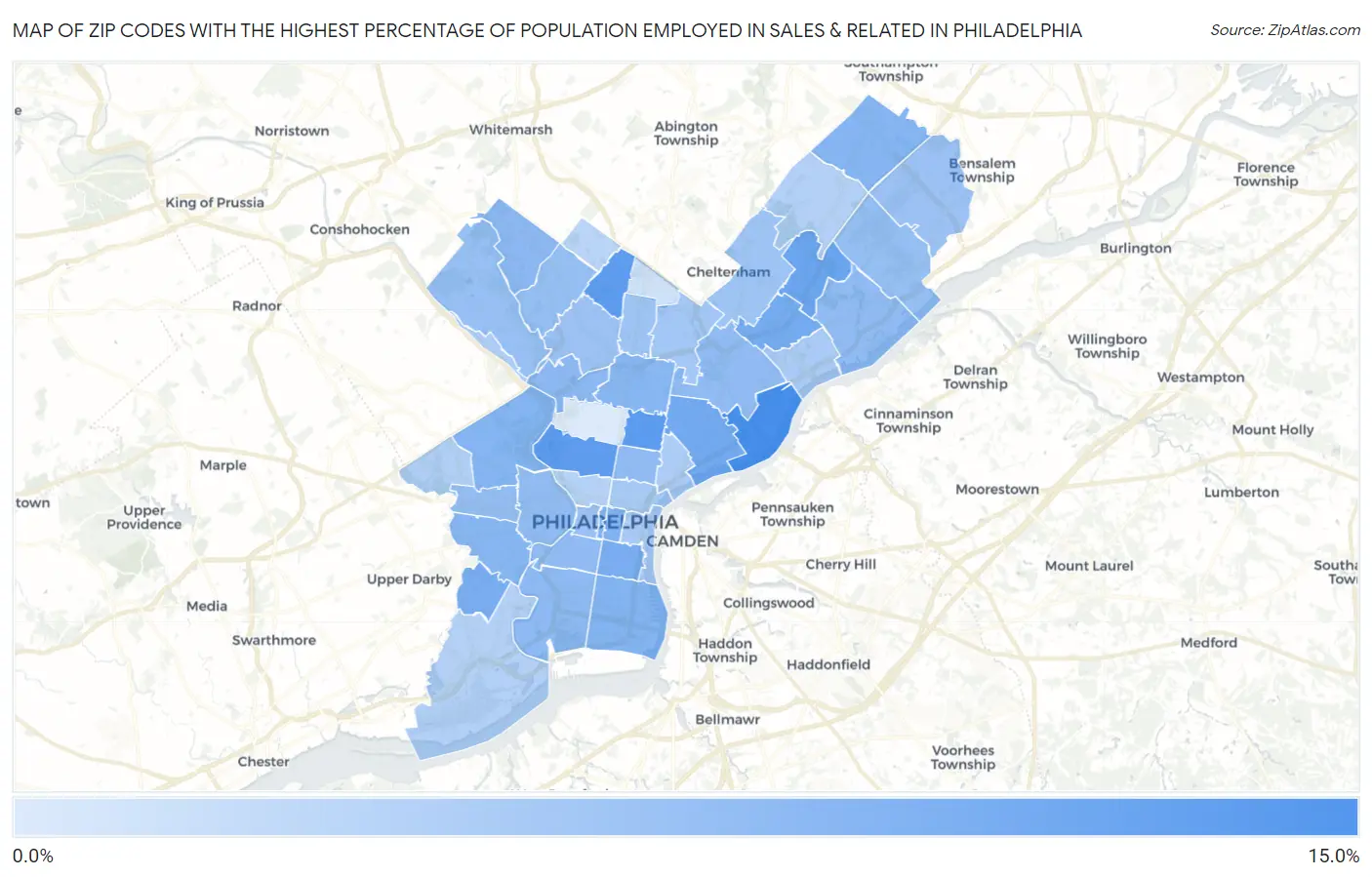 Zip Codes with the Highest Percentage of Population Employed in Sales & Related in Philadelphia Map