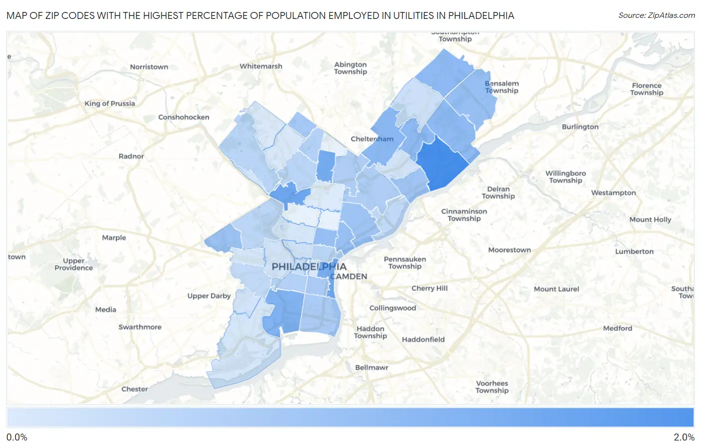 Zip Codes with the Highest Percentage of Population Employed in Utilities in Philadelphia Map