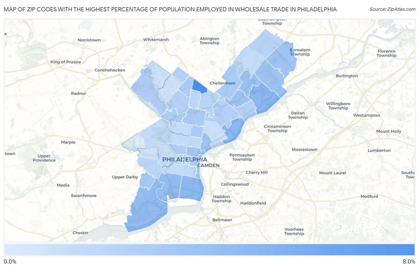 Zip Codes with the Highest Percentage of Population Employed in Wholesale Trade in Philadelphia Map