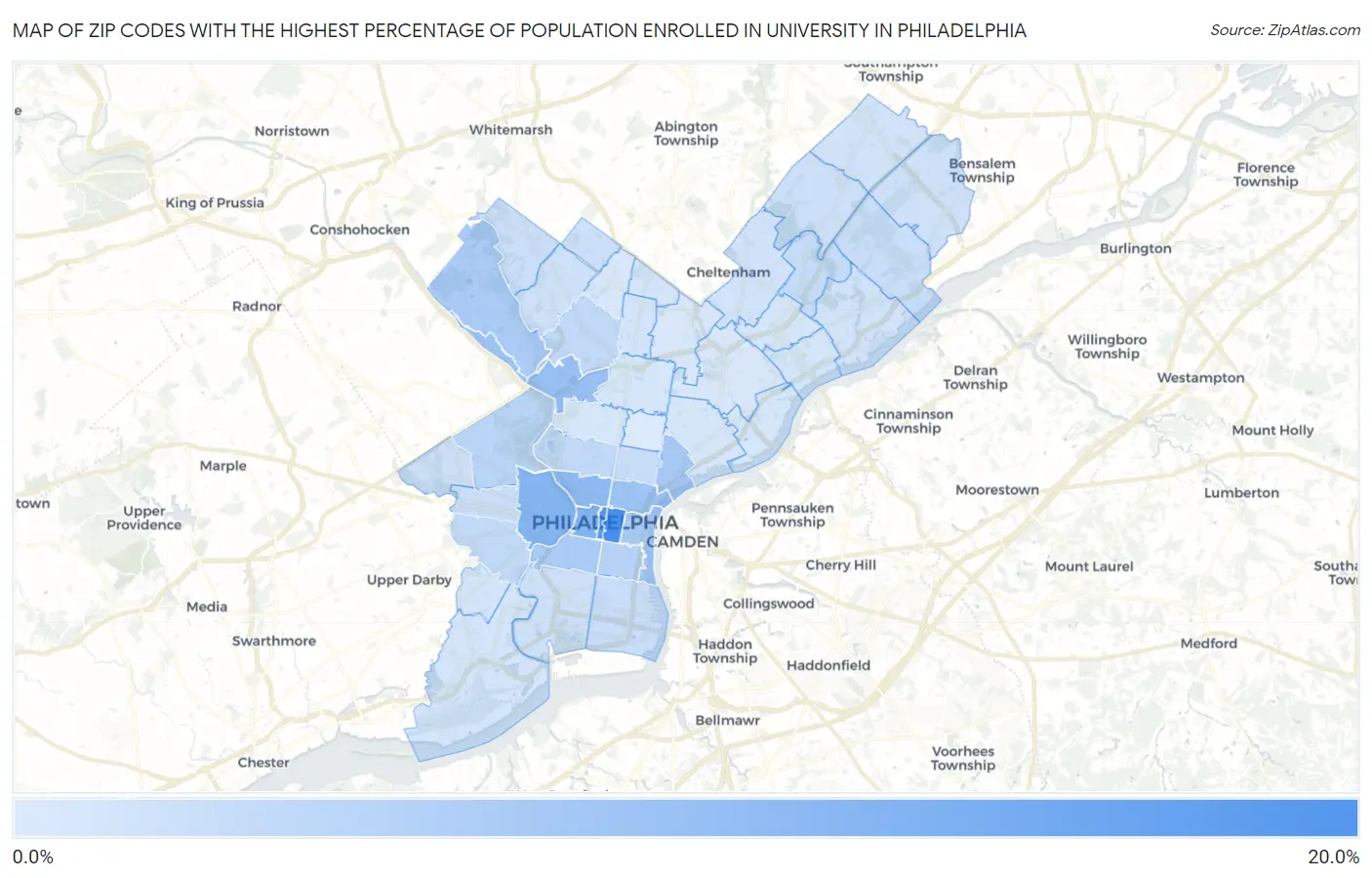Zip Codes with the Highest Percentage of Population Enrolled in University in Philadelphia Map