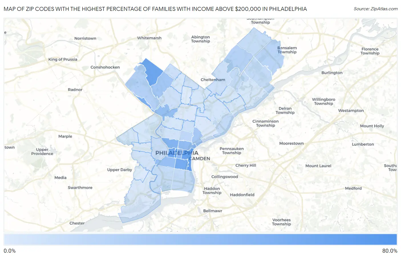 Zip Codes with the Highest Percentage of Families with Income Above $200,000 in Philadelphia Map