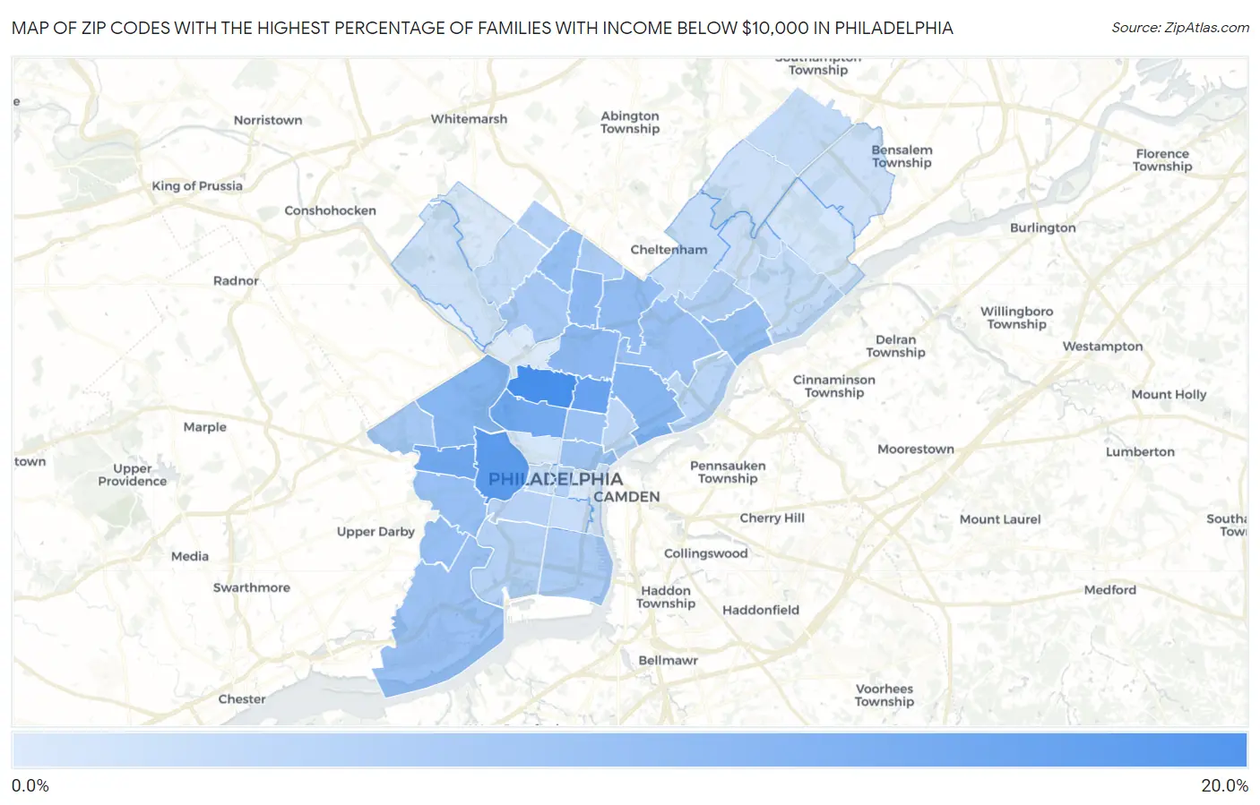 Zip Codes with the Highest Percentage of Families with Income Below $10,000 in Philadelphia Map