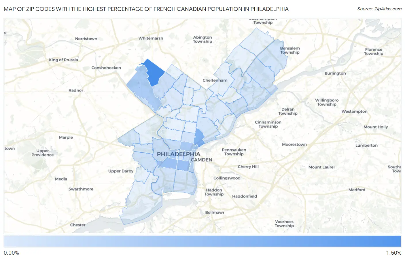 Zip Codes with the Highest Percentage of French Canadian Population in Philadelphia Map
