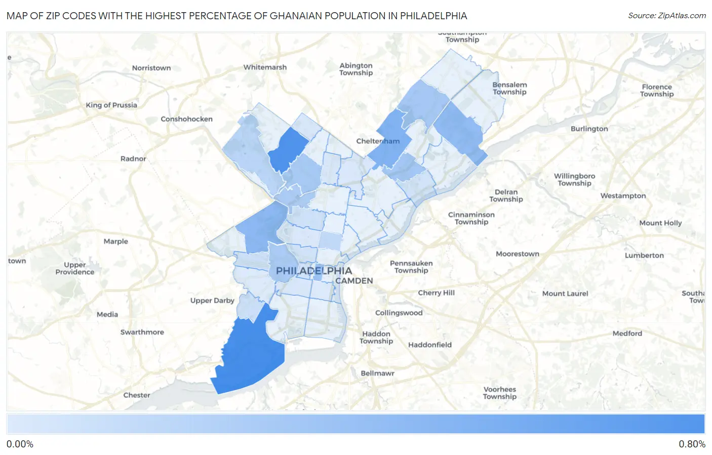 Zip Codes with the Highest Percentage of Ghanaian Population in Philadelphia Map