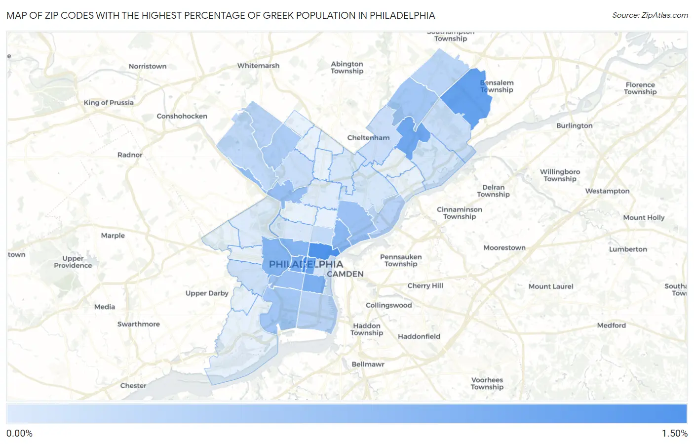 Zip Codes with the Highest Percentage of Greek Population in Philadelphia Map