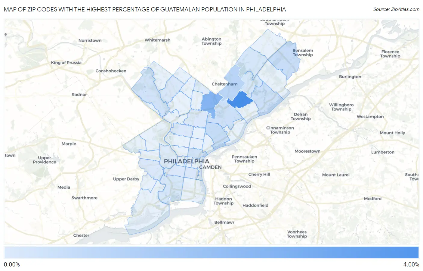 Zip Codes with the Highest Percentage of Guatemalan Population in Philadelphia Map