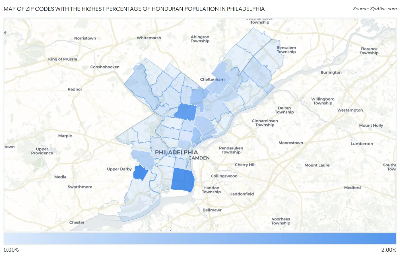 Zip Codes with the Highest Percentage of Honduran Population in Philadelphia Map