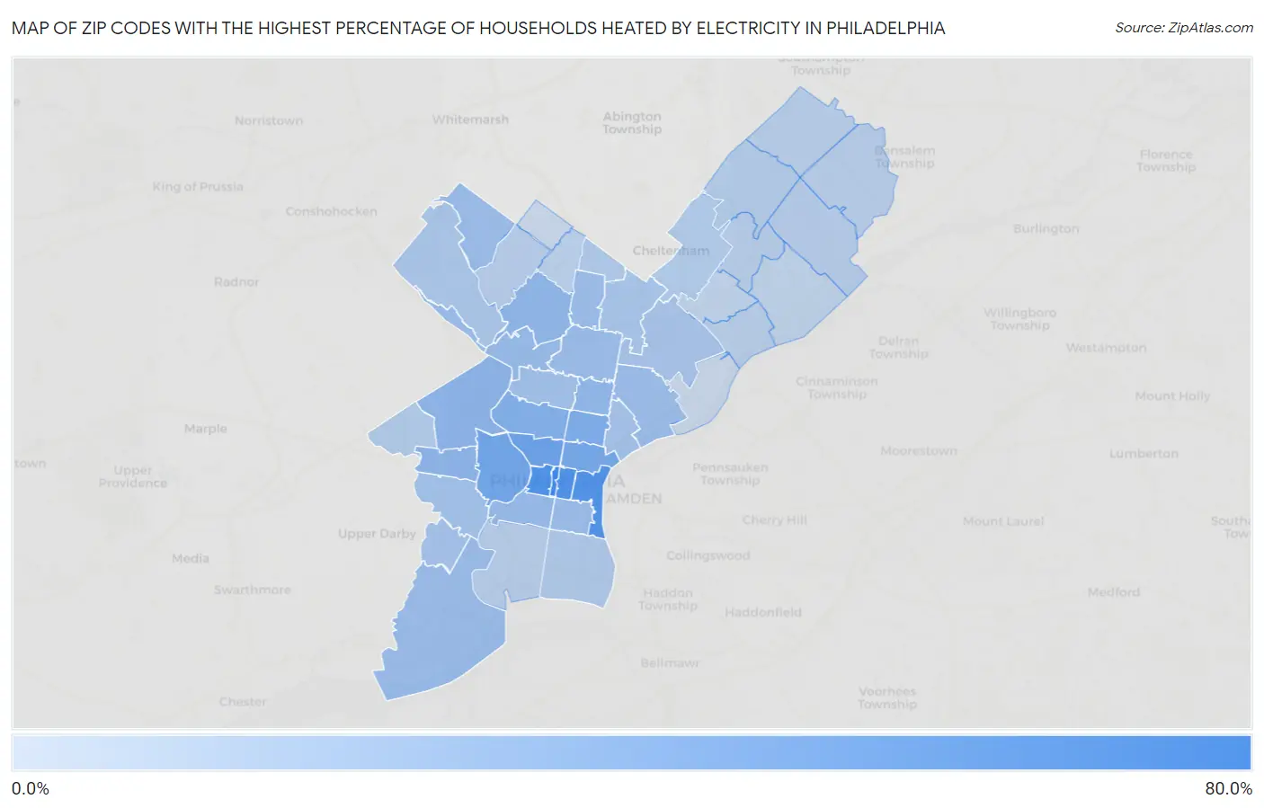 Zip Codes with the Highest Percentage of Households Heated by Electricity in Philadelphia Map