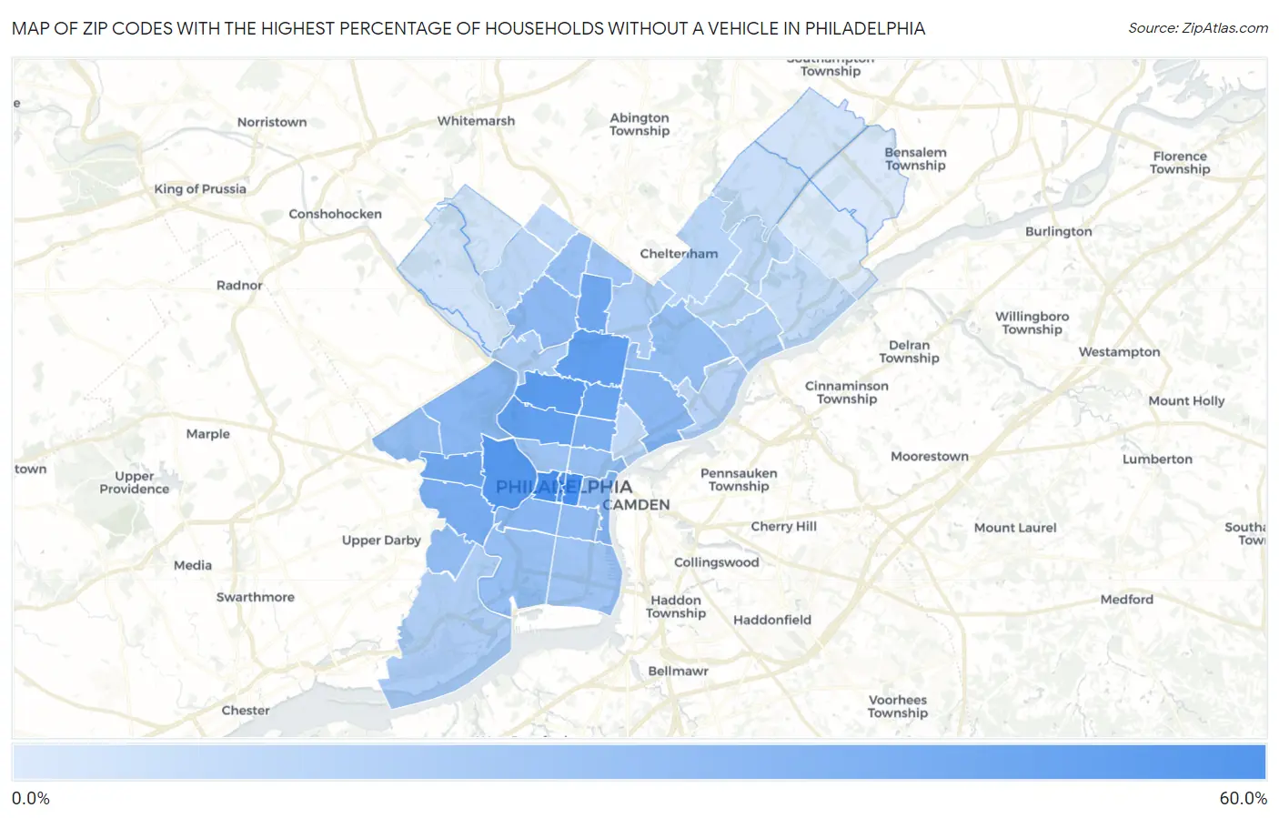 Zip Codes with the Highest Percentage of Households Without a Vehicle in Philadelphia Map