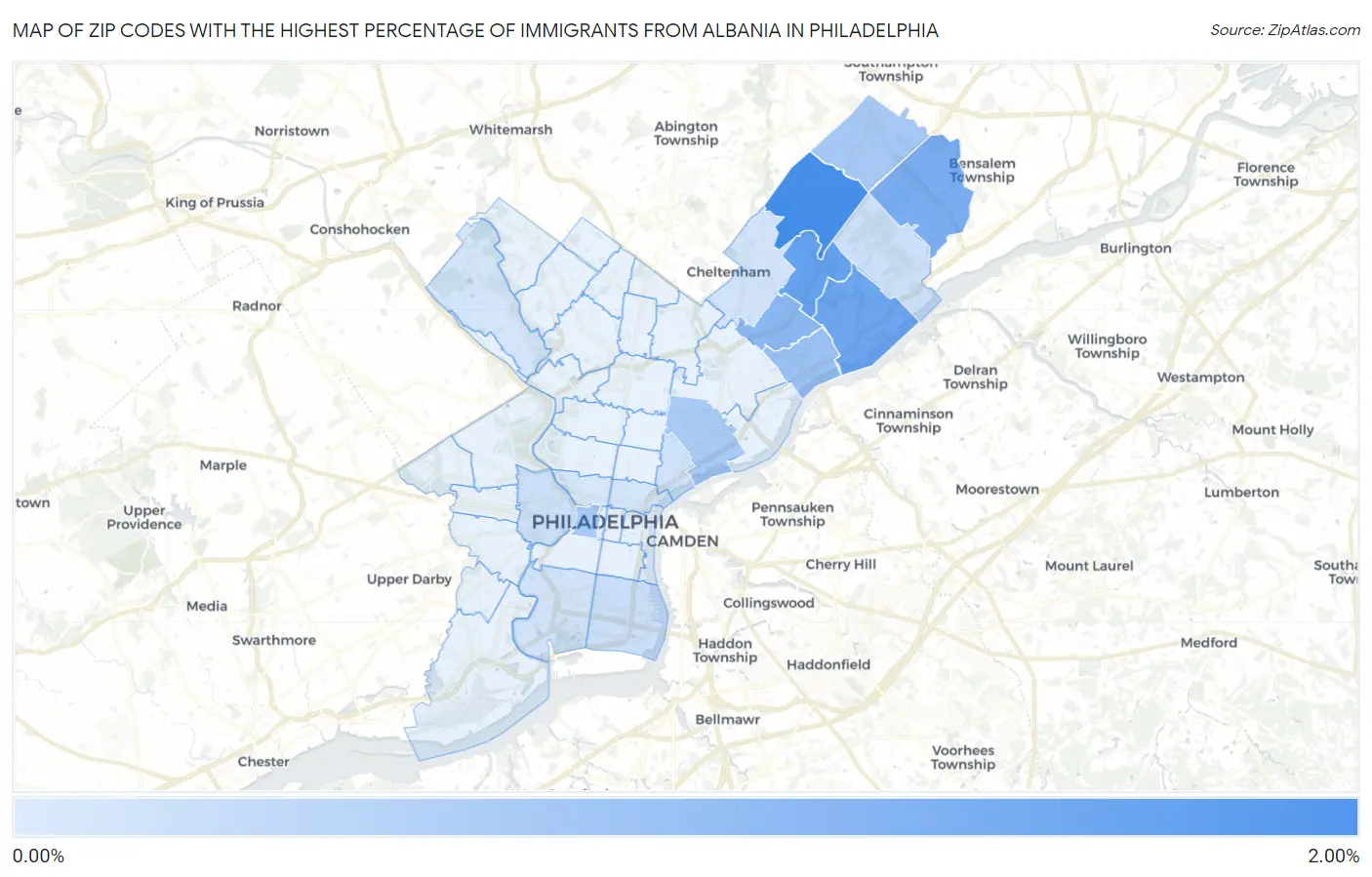 Zip Codes with the Highest Percentage of Immigrants from Albania in Philadelphia Map