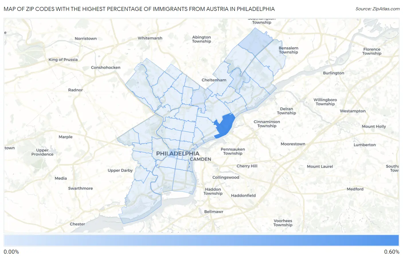 Zip Codes with the Highest Percentage of Immigrants from Austria in Philadelphia Map