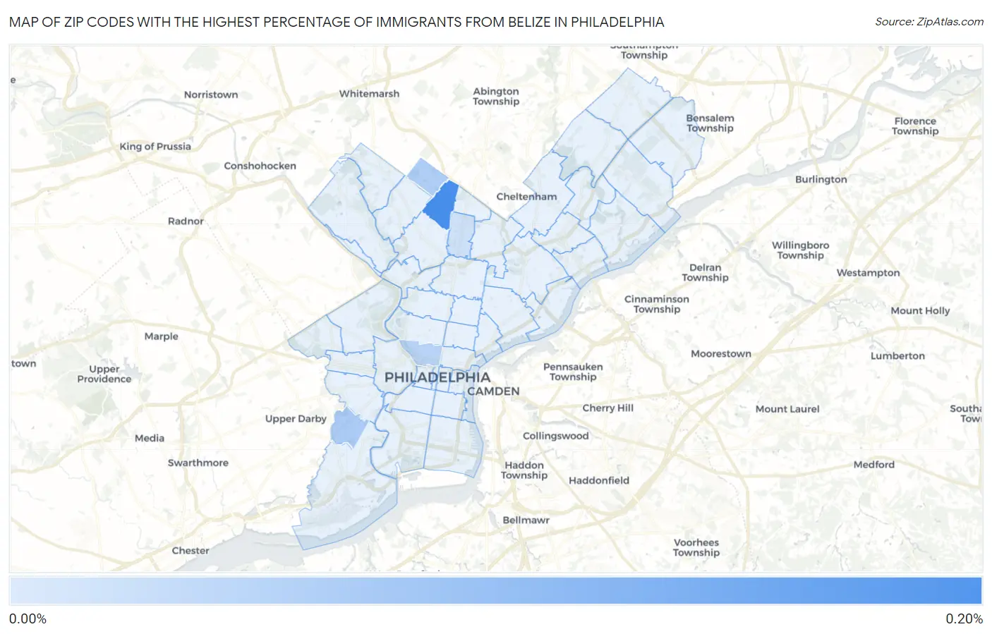 Zip Codes with the Highest Percentage of Immigrants from Belize in Philadelphia Map