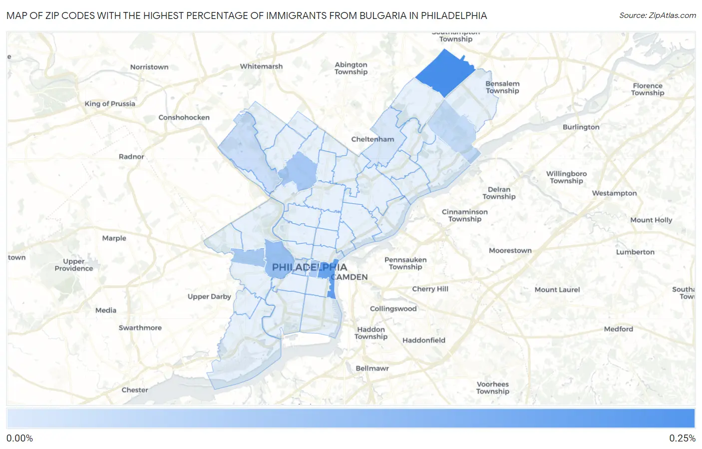 Zip Codes with the Highest Percentage of Immigrants from Bulgaria in Philadelphia Map