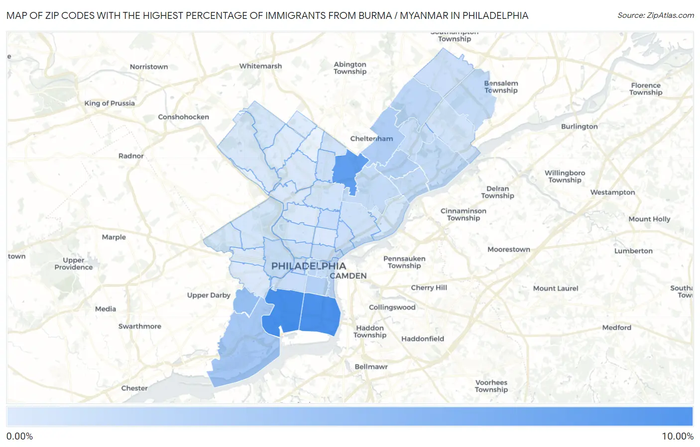 Zip Codes with the Highest Percentage of Immigrants from Burma / Myanmar in Philadelphia Map