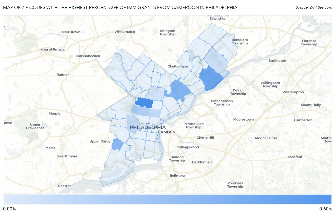 Zip Codes with the Highest Percentage of Immigrants from Cameroon in Philadelphia Map