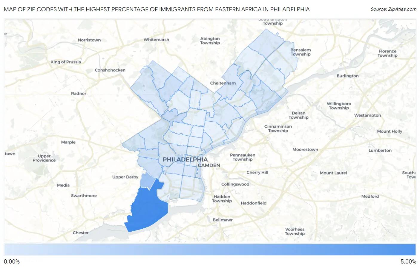 Zip Codes with the Highest Percentage of Immigrants from Eastern Africa in Philadelphia Map