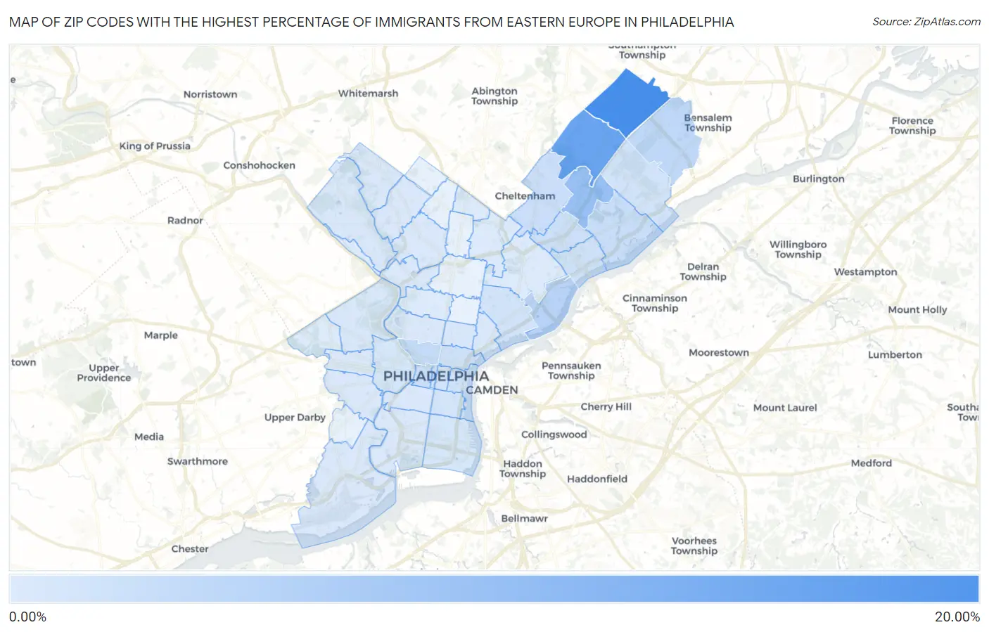 Zip Codes with the Highest Percentage of Immigrants from Eastern Europe in Philadelphia Map