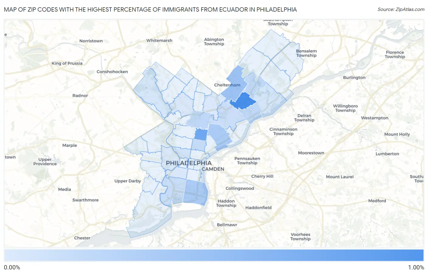 Zip Codes with the Highest Percentage of Immigrants from Ecuador in Philadelphia Map