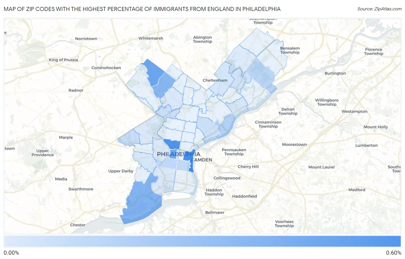 Zip Codes with the Highest Percentage of Immigrants from England in Philadelphia Map
