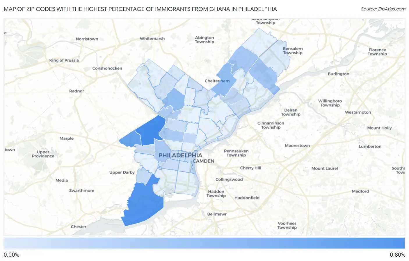 Zip Codes with the Highest Percentage of Immigrants from Ghana in Philadelphia Map