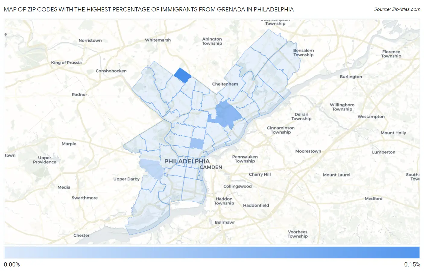 Zip Codes with the Highest Percentage of Immigrants from Grenada in Philadelphia Map