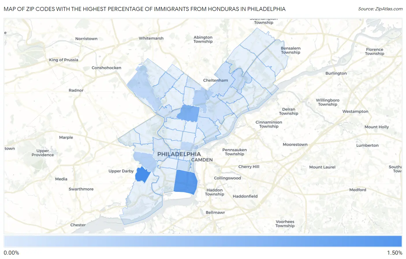 Zip Codes with the Highest Percentage of Immigrants from Honduras in Philadelphia Map