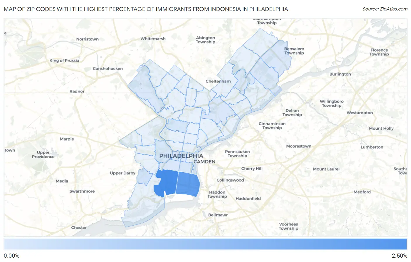 Zip Codes with the Highest Percentage of Immigrants from Indonesia in Philadelphia Map