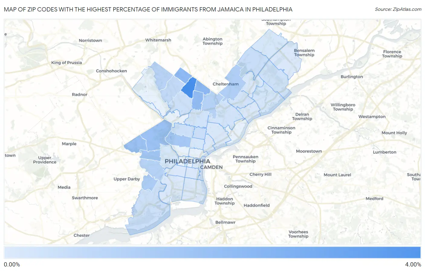 Zip Codes with the Highest Percentage of Immigrants from Jamaica in Philadelphia Map