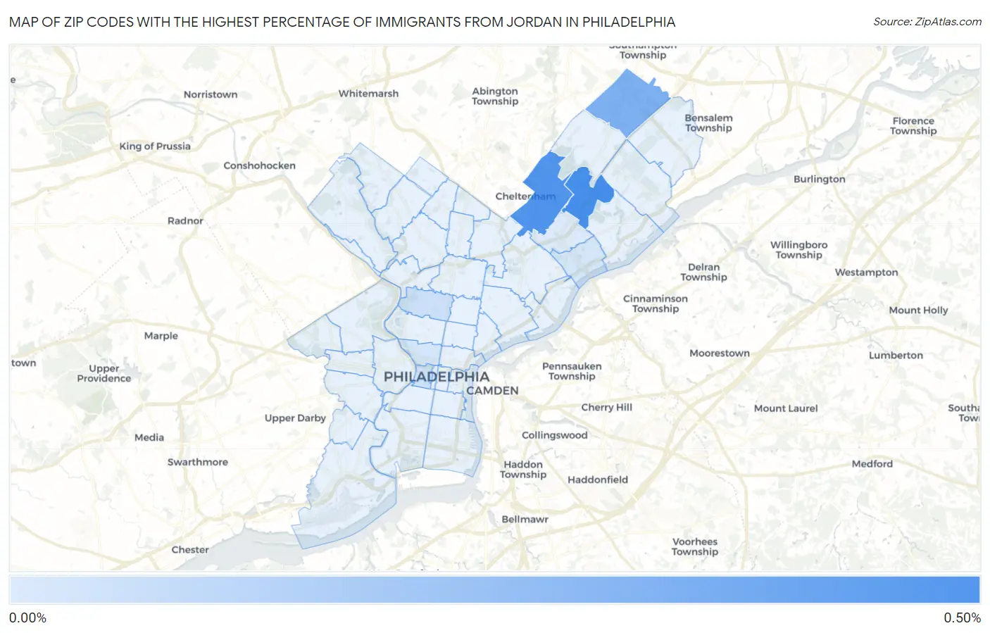 Zip Codes with the Highest Percentage of Immigrants from Jordan in Philadelphia Map