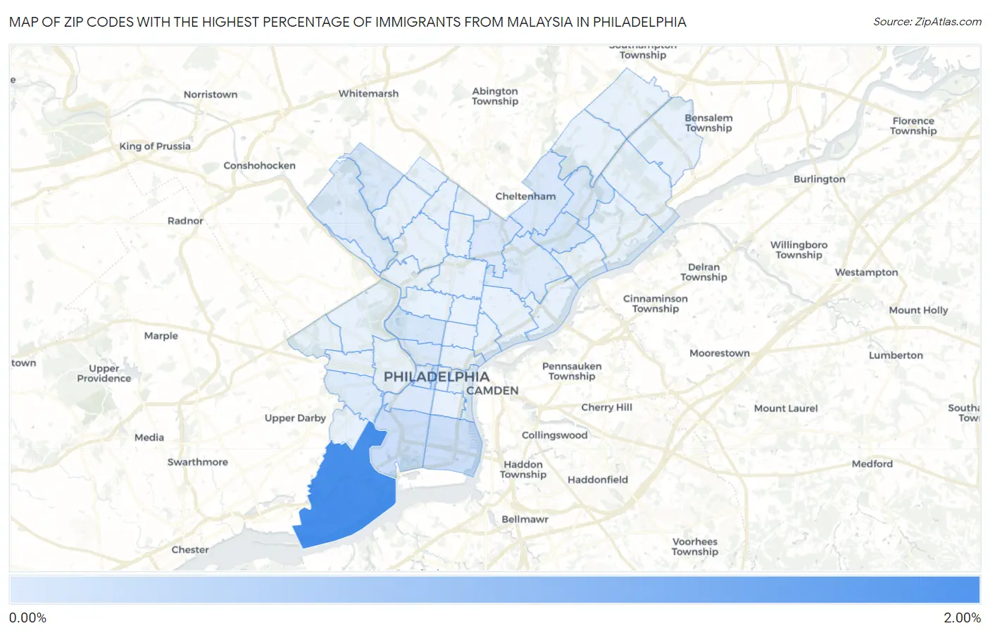 Zip Codes with the Highest Percentage of Immigrants from Malaysia in Philadelphia Map