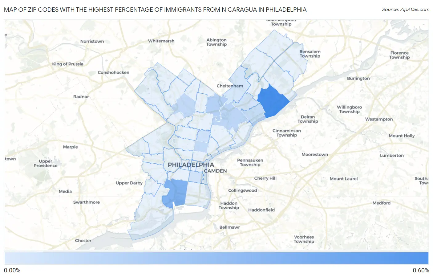 Zip Codes with the Highest Percentage of Immigrants from Nicaragua in Philadelphia Map