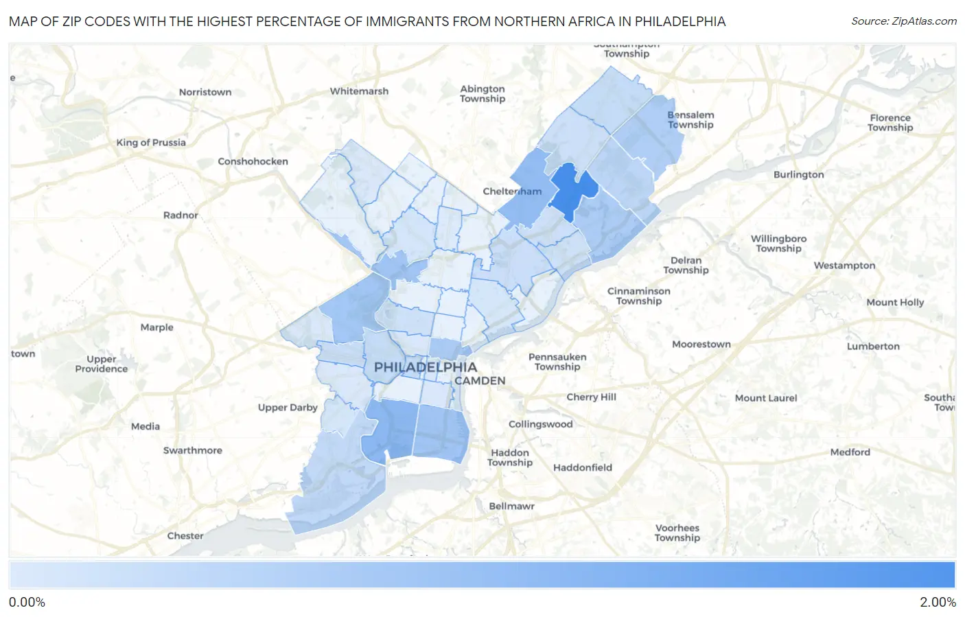 Zip Codes with the Highest Percentage of Immigrants from Northern Africa in Philadelphia Map