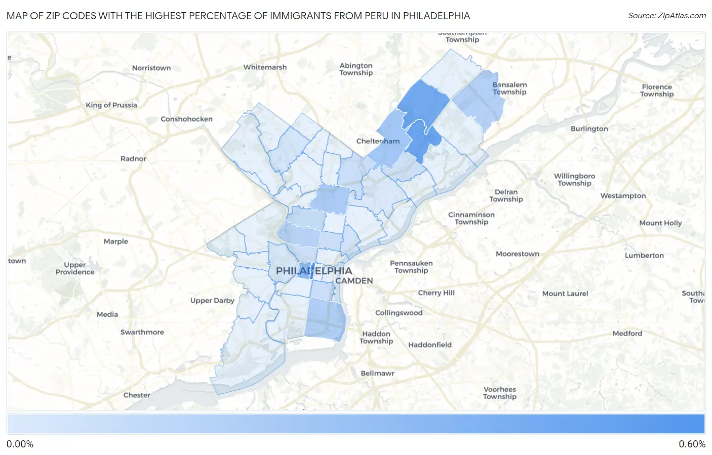 Zip Codes with the Highest Percentage of Immigrants from Peru in Philadelphia Map