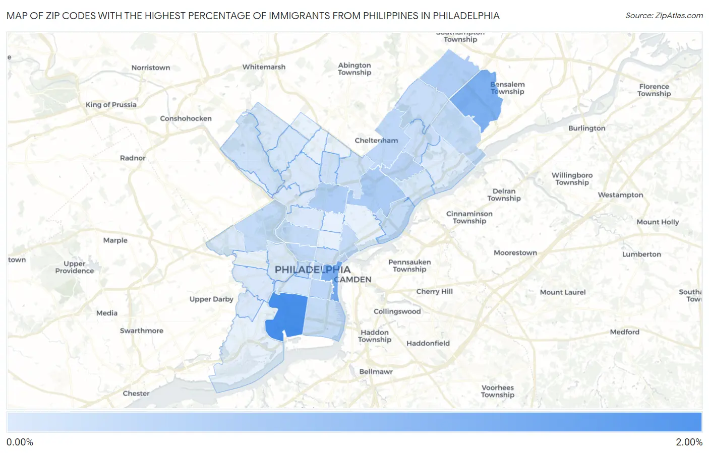 Zip Codes with the Highest Percentage of Immigrants from Philippines in Philadelphia Map