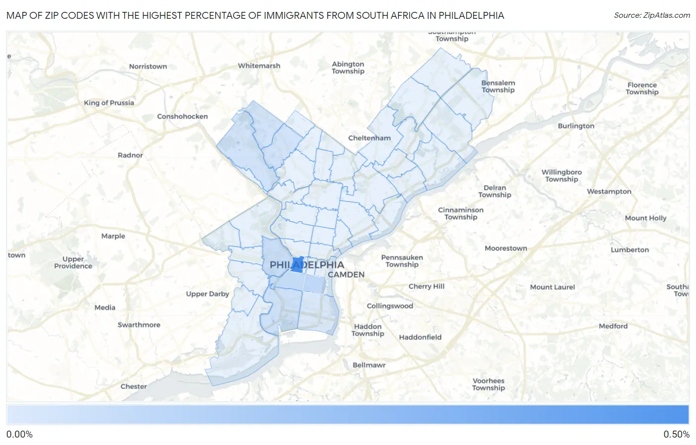 Zip Codes with the Highest Percentage of Immigrants from South Africa in Philadelphia Map